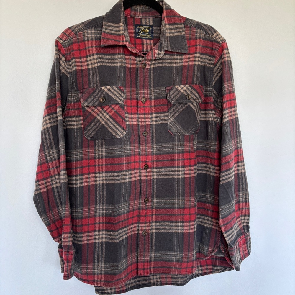 Jach’s Men’s L Heavy Flannel Shirt Pockets Red Grey Gold Plaid FLAW Spot on back